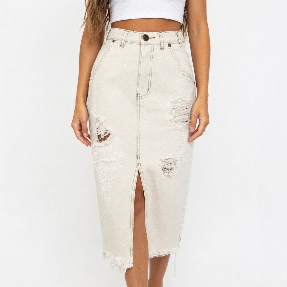 NWT ONE by One Teaspoon Cadillac in Fleetwood Destroyed Denim Pencil Skirt 25